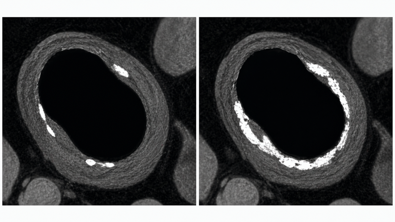 Before-and-after illustration of coronary calcium progression